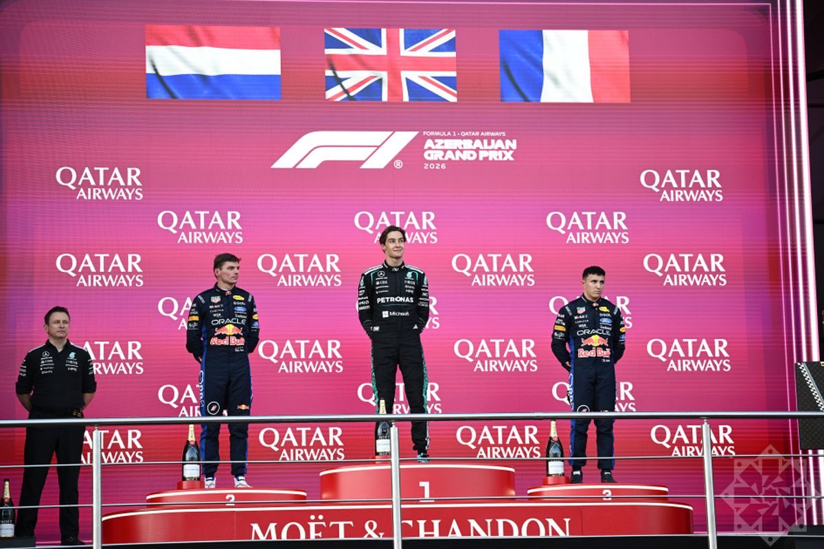 Verstappen, Russell and Hadjar on the Azerbaijan Grand Prix podium