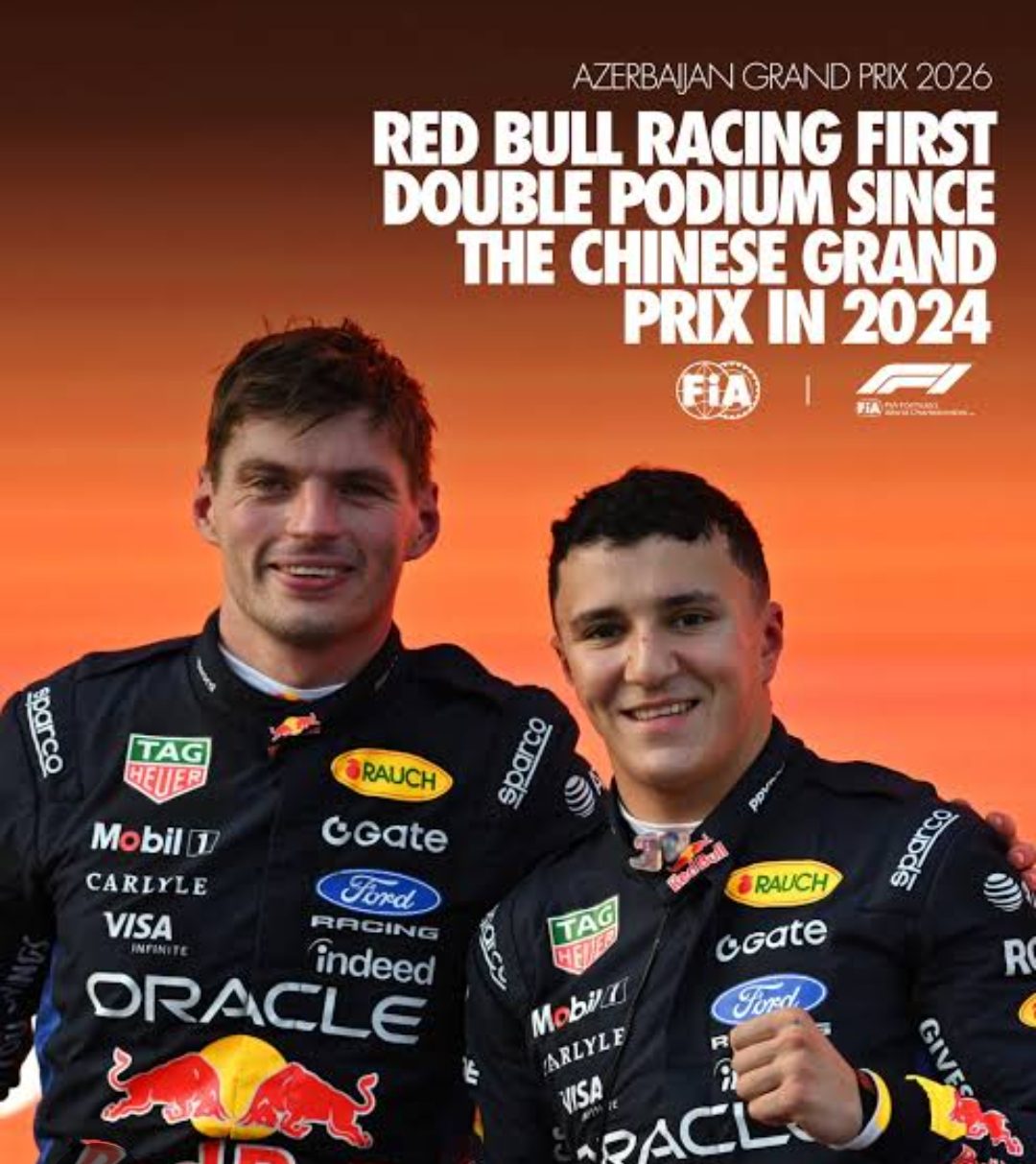 FIA graphic of Max Verstappen and Isack Hadjar celebrating Red Bull’s first double podium since the 2024 Chinese Grand Prix