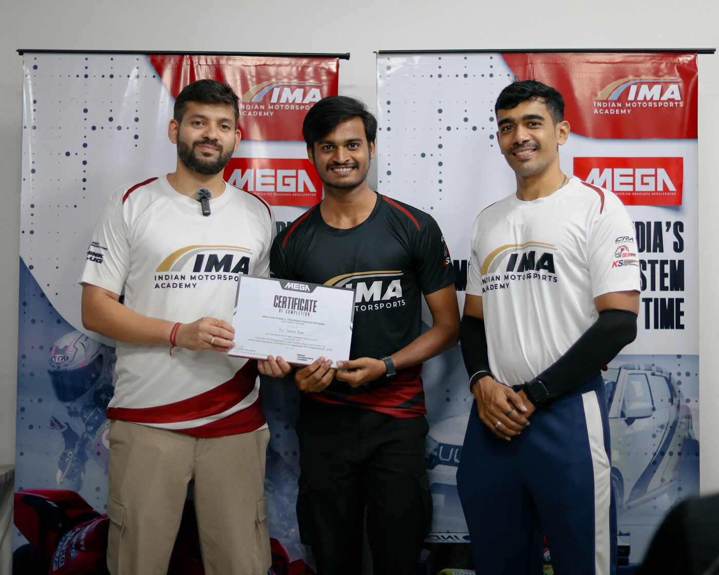 Santhosh Reddy Pilli receiving his Certificate of Completion for MEGA 2026 Stage 2 with IMA mentors